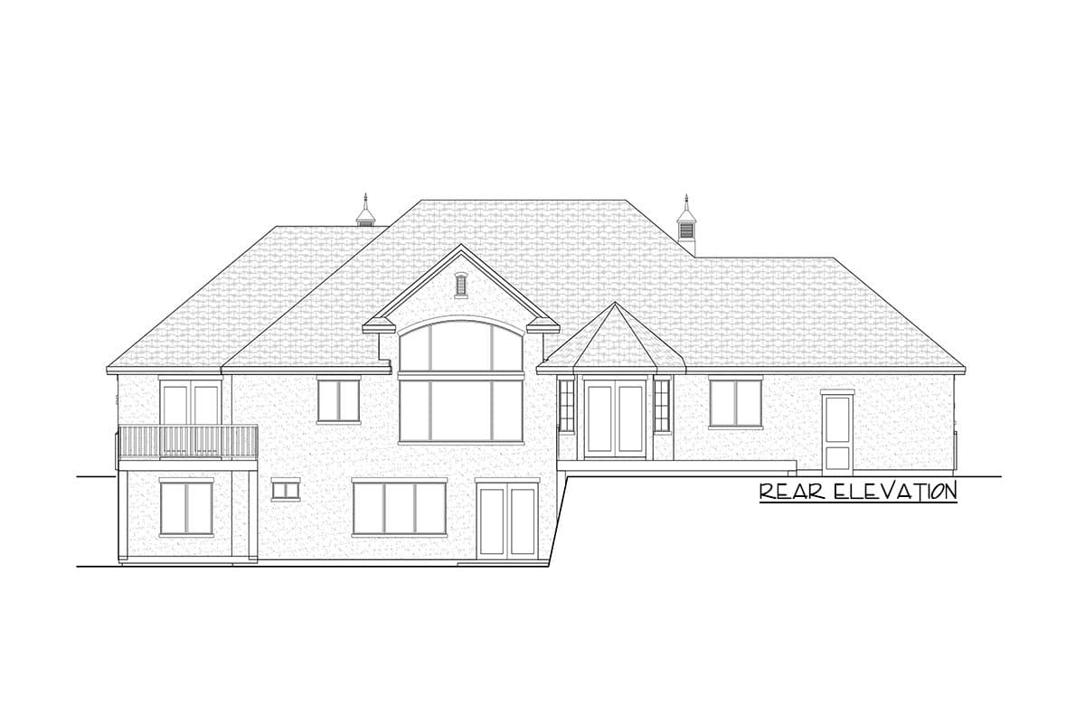 Rear elevation house plan showing a multi-level home with multiple gables, a dormer, a balcony, and a decorative cupola.