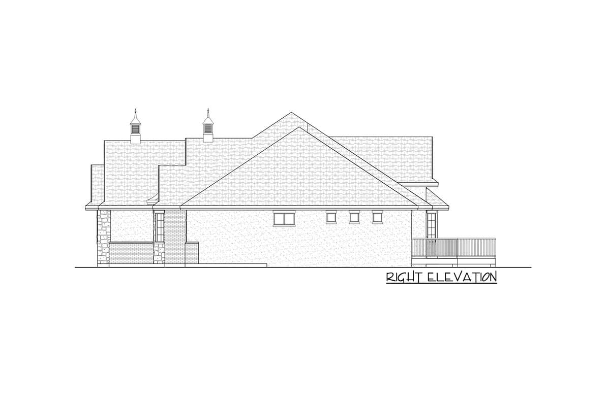 Right elevation drawing of a house plan with multiple gables, dormers, and a deck.