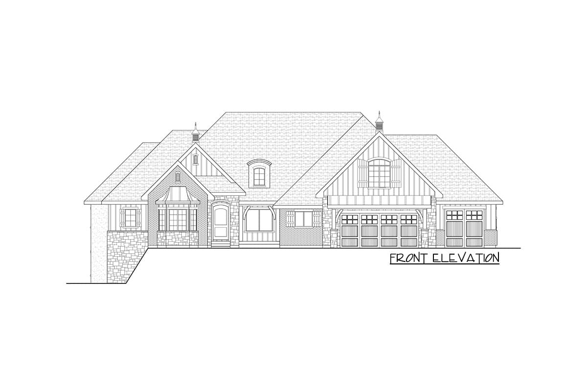 Front elevation drawing of a two-story house plan with stone and wood exterior, prominent gables, and a three-car garage.