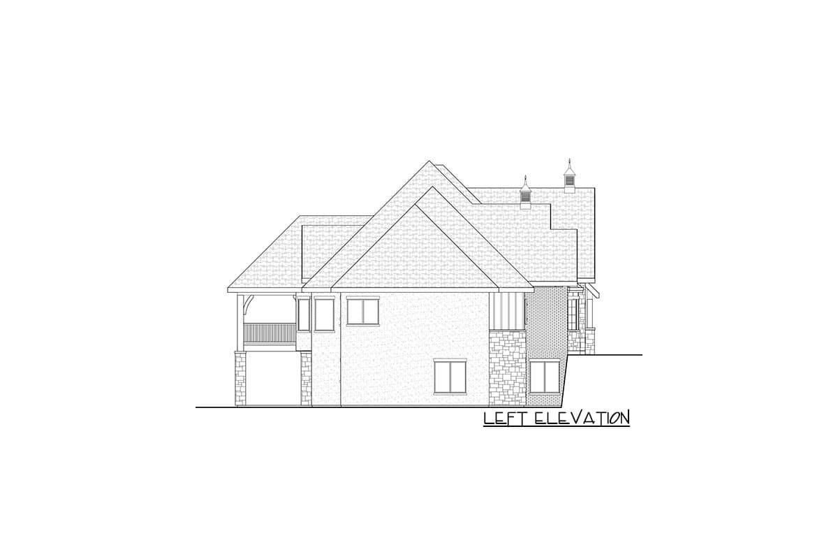 Left elevation house plan with hip roof, covered porch, brick, and stone exterior details.