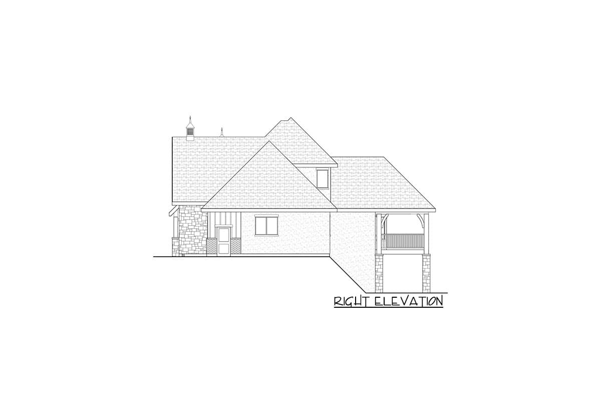 Right elevation house plan with stone exterior accents, covered porch, and multiple gables.