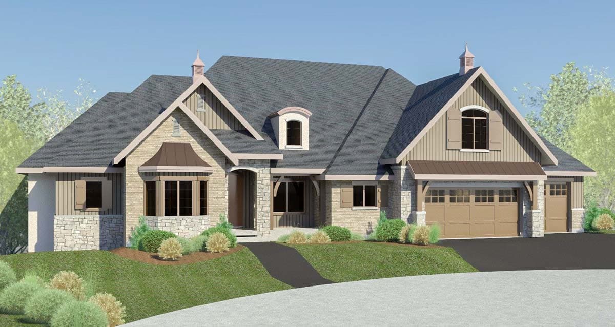 House plan exterior: Ranch-style home with stone and board-and-batten siding, covered entry, dormer window, and three-car garage.