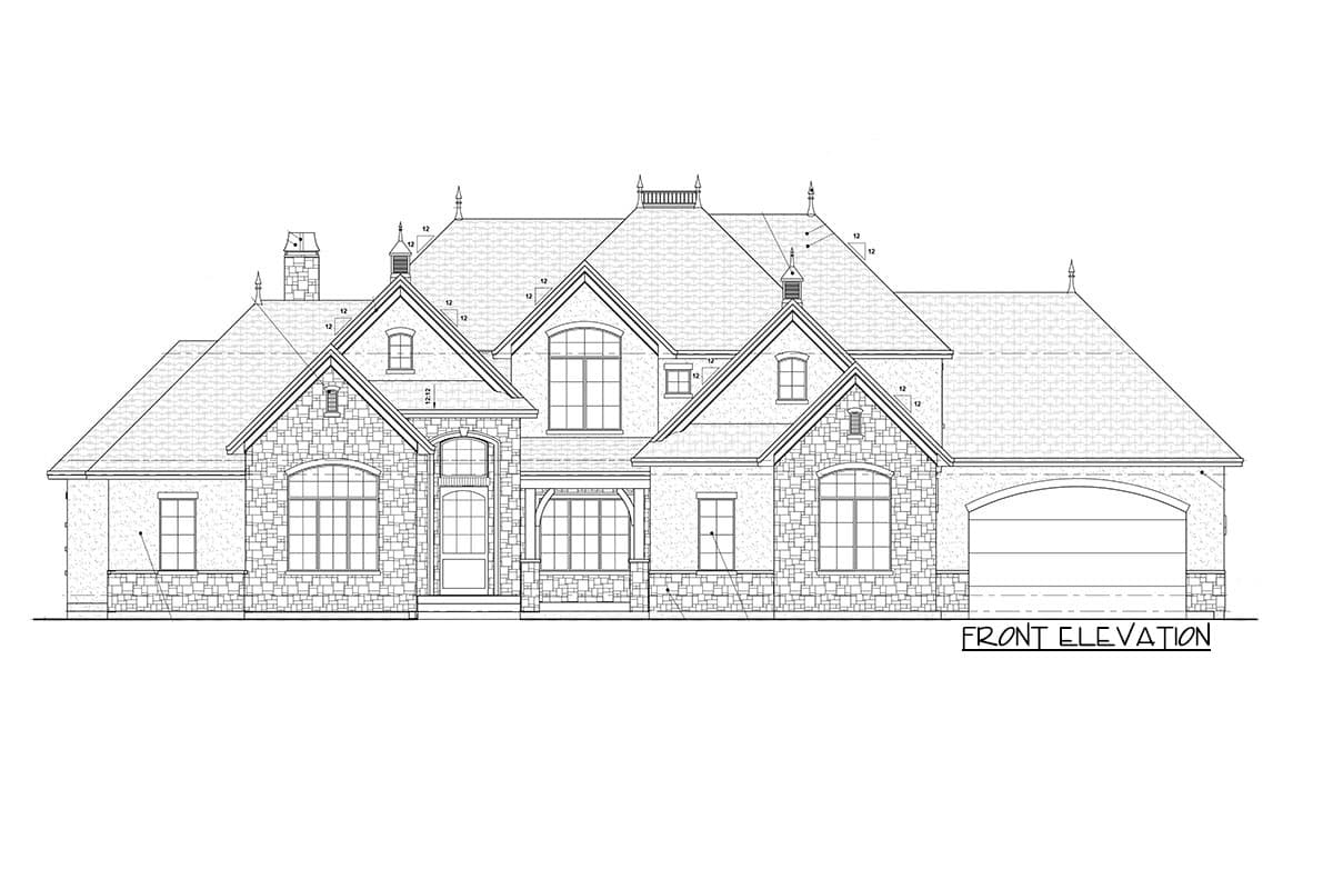 Front elevation drawing of a multi-story house with stone facade, prominent gables, arched windows, and a side-entry garage.