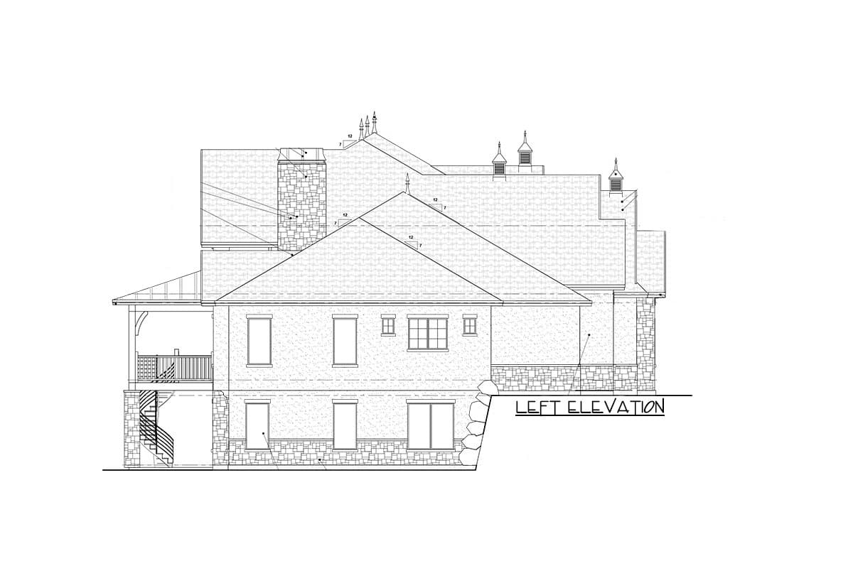 Left elevation house plan drawing showing multiple gables, stone chimney, covered porch, and spiral staircase.