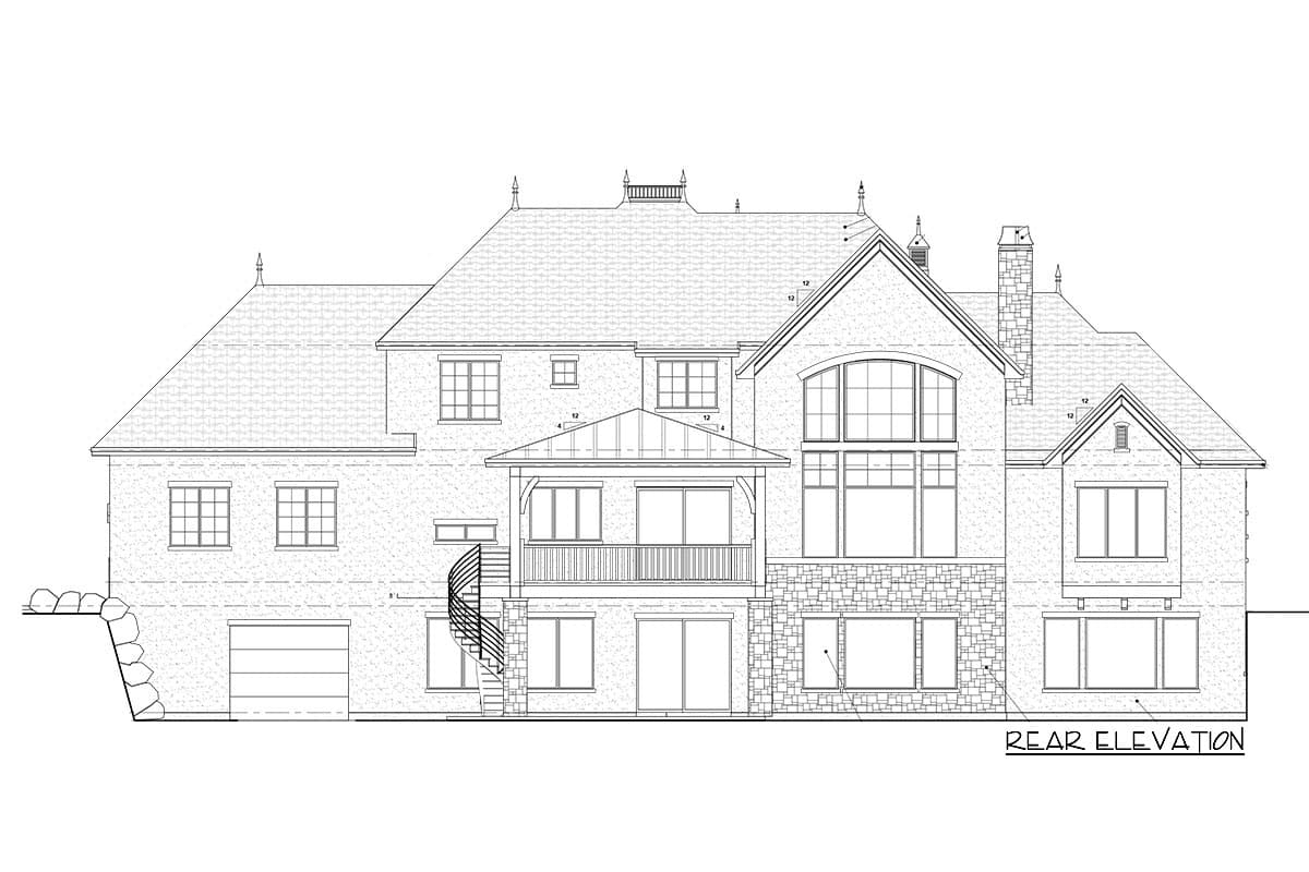 Rear elevation drawing of a multi-story house plan with dormers, gables, a balcony, and a detached garage.