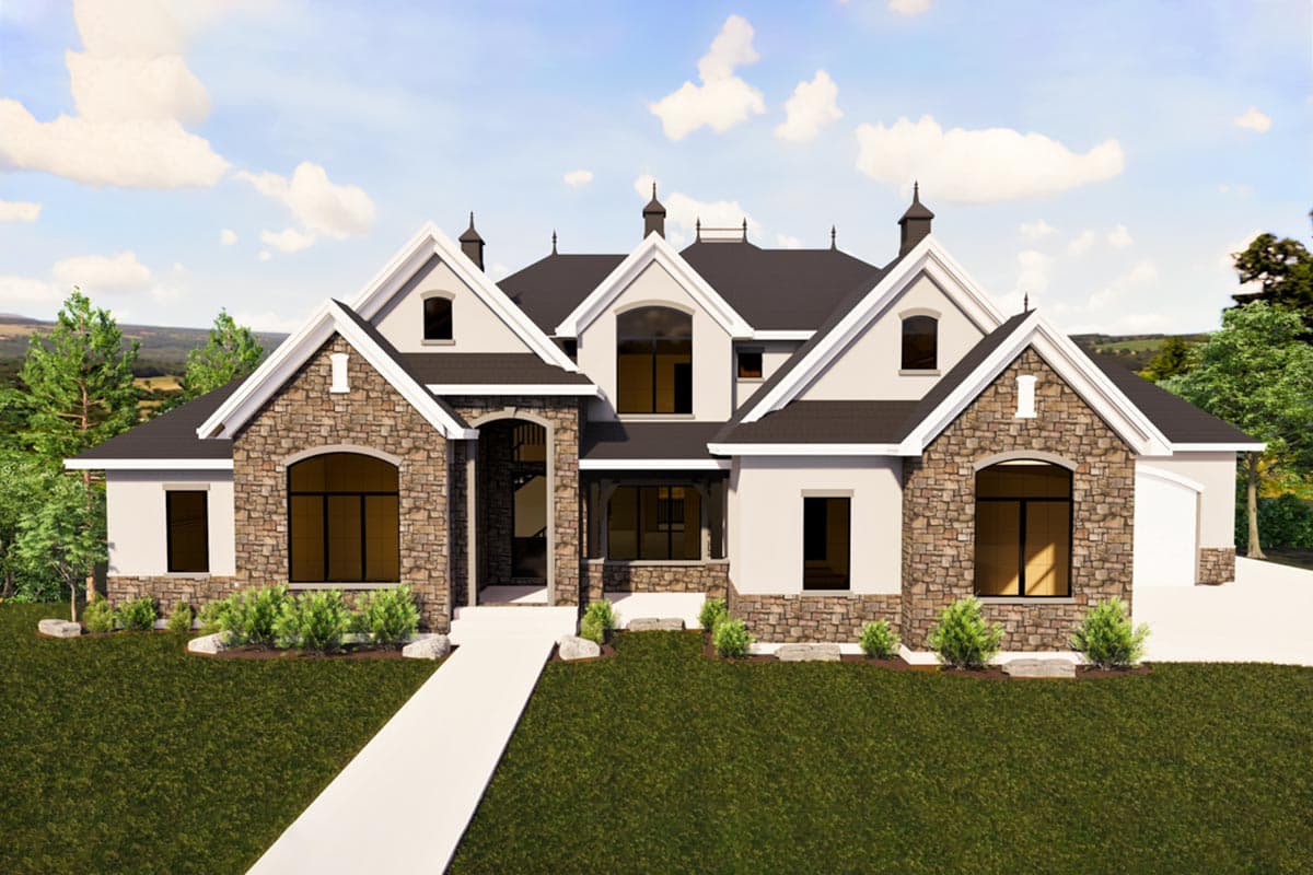 House plan exterior. Two-story home with stone accents, multiple gables, arched windows, and a side-entry garage.