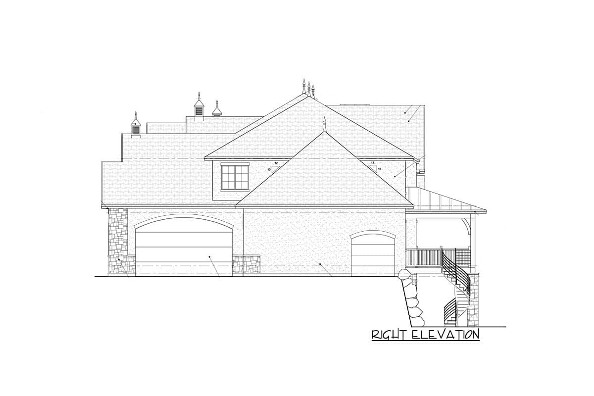 Right elevation house plan: Gabled roofs, arched garage doors, stone accents, and a covered porch with spiral stairs.