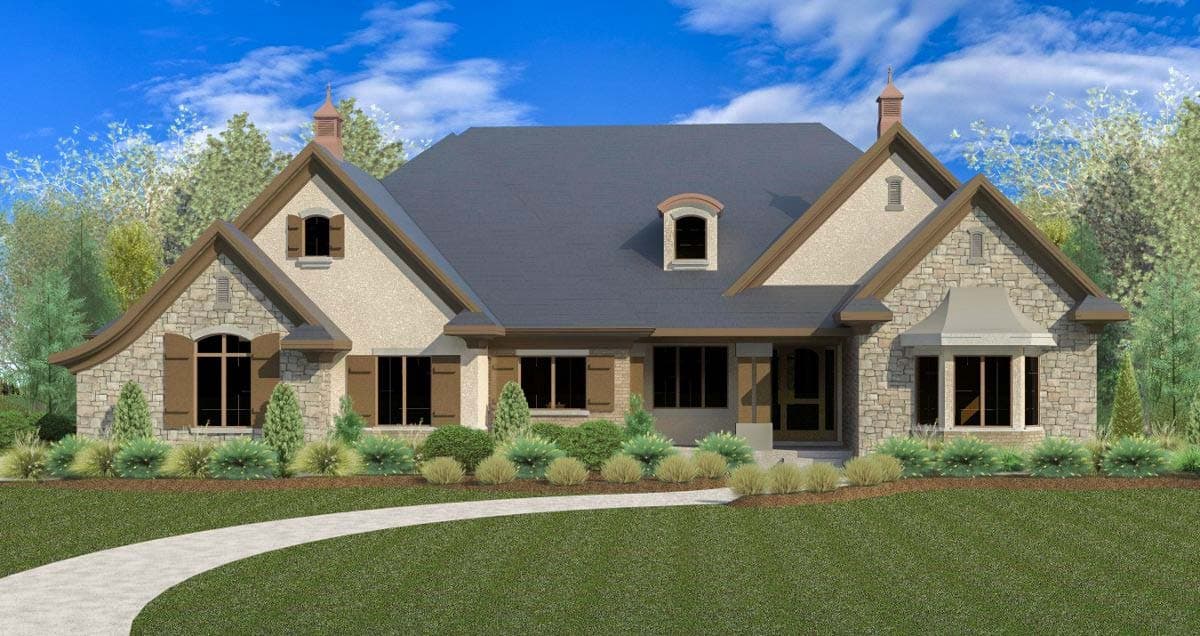 House plan exterior. One-story design with stone and stucco facade, arched gables, eyebrow window, and a bay window. Features a covered entry.