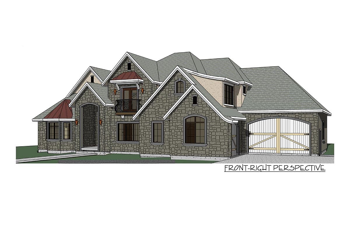 House plan exterior, front-right perspective: Stone facade, arched entry, balcony, gabled dormers, and large arched garage door.