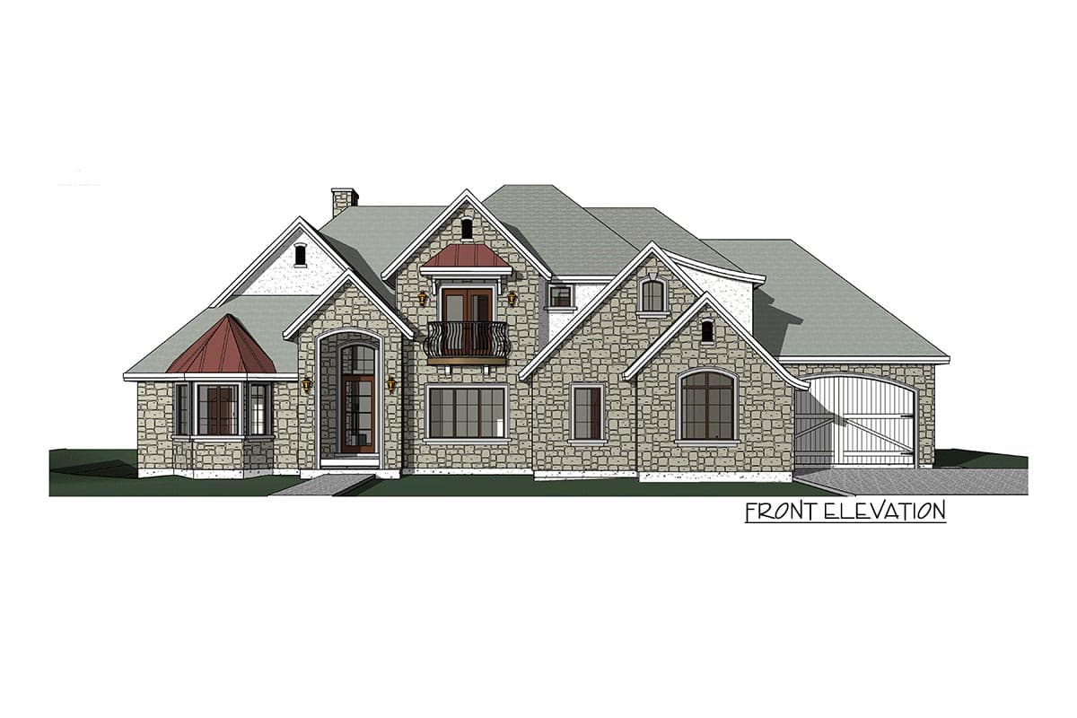 Front elevation of a stone house plan with a gabled roof, arched entry, bay window, and attached garage with arched door.