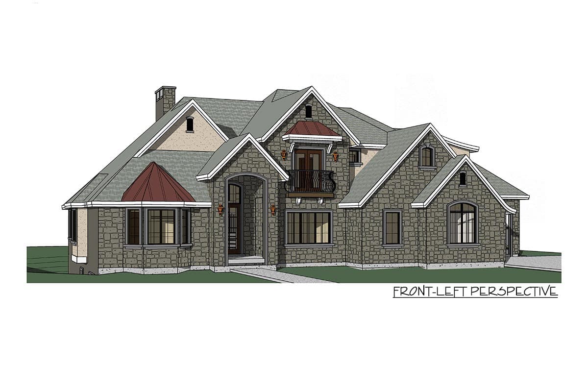 House plan exterior perspective. Stone facade, arched entryway, dormers, bay window, and decorative balcony.