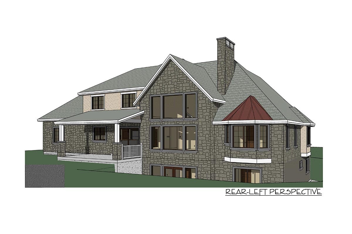 House plan exterior: Two-story stone house with covered porch, multiple gables, large windows, and bay window.