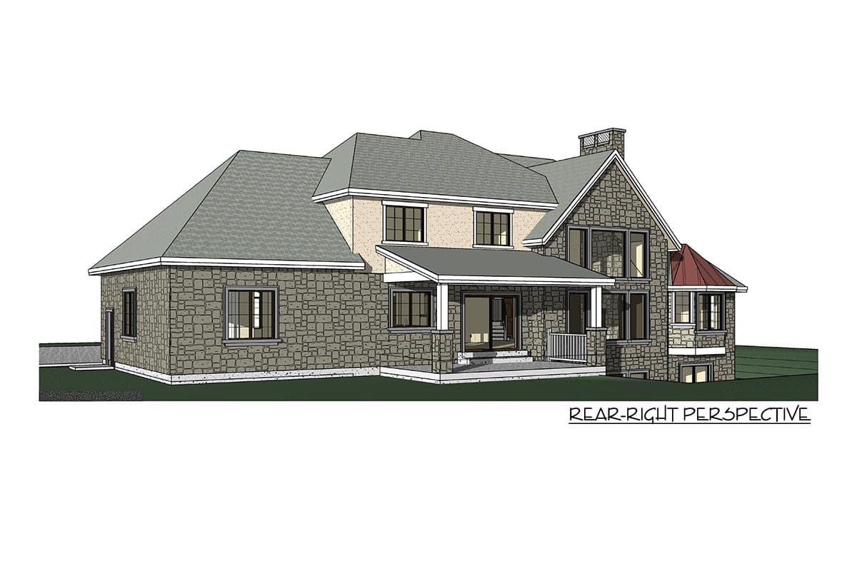 House plan exterior, two stories, stone facade, covered porch, prominent chimney, and multiple gables.