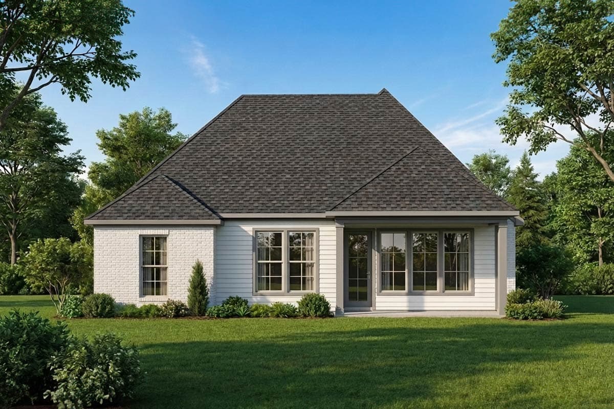 House plan exterior: Single-story Modern Farmhouse with white brick and siding, large windows, and a prominent gabled roof.