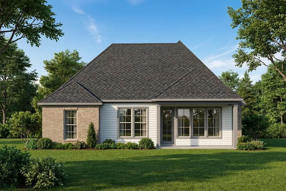 House plan exterior with brick and siding, prominent gabled roofline, and multiple windows.