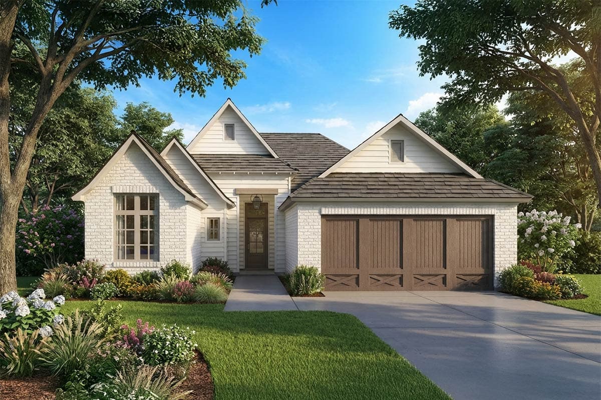 A craftsman-style house with white brick facade, brown wooden garage doors, and lush landscaping under a bright blue sky.