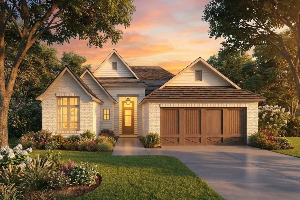 Modern Farmhouse house plan exterior with white brick, multiple gables, and a three-car garage.