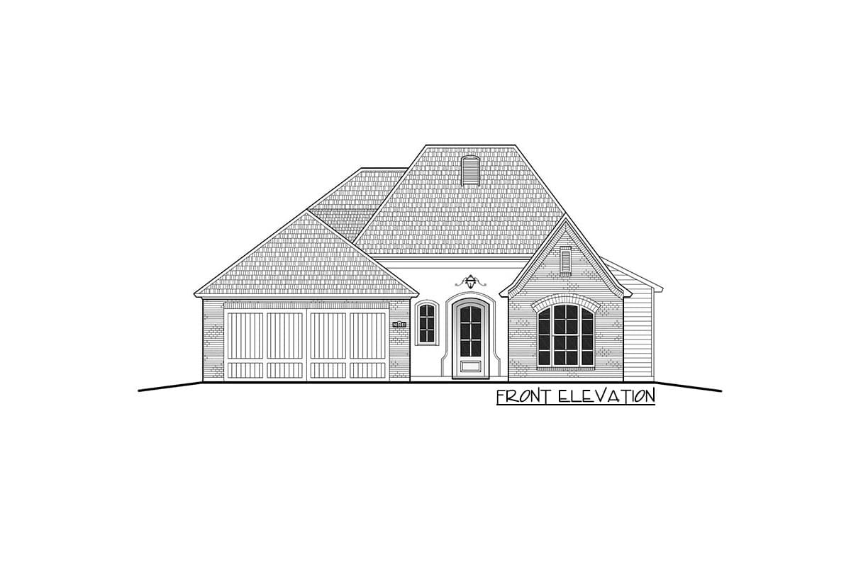 Front elevation drawing of a one-story house plan with a hip roof, arched entrance, dormer, and a side-entry garage.