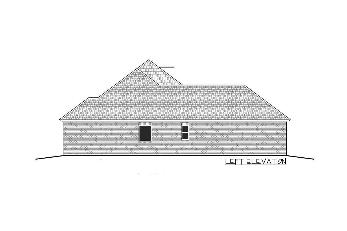 Left elevation drawing of a single-story house plan, showing a hipped roof, chimney, and brick siding.