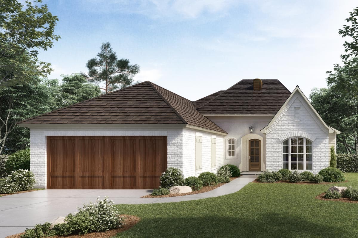 House plan exterior. One-story French Country style home with brick facade, gable roof, and attached garage. Includes arched window and door.