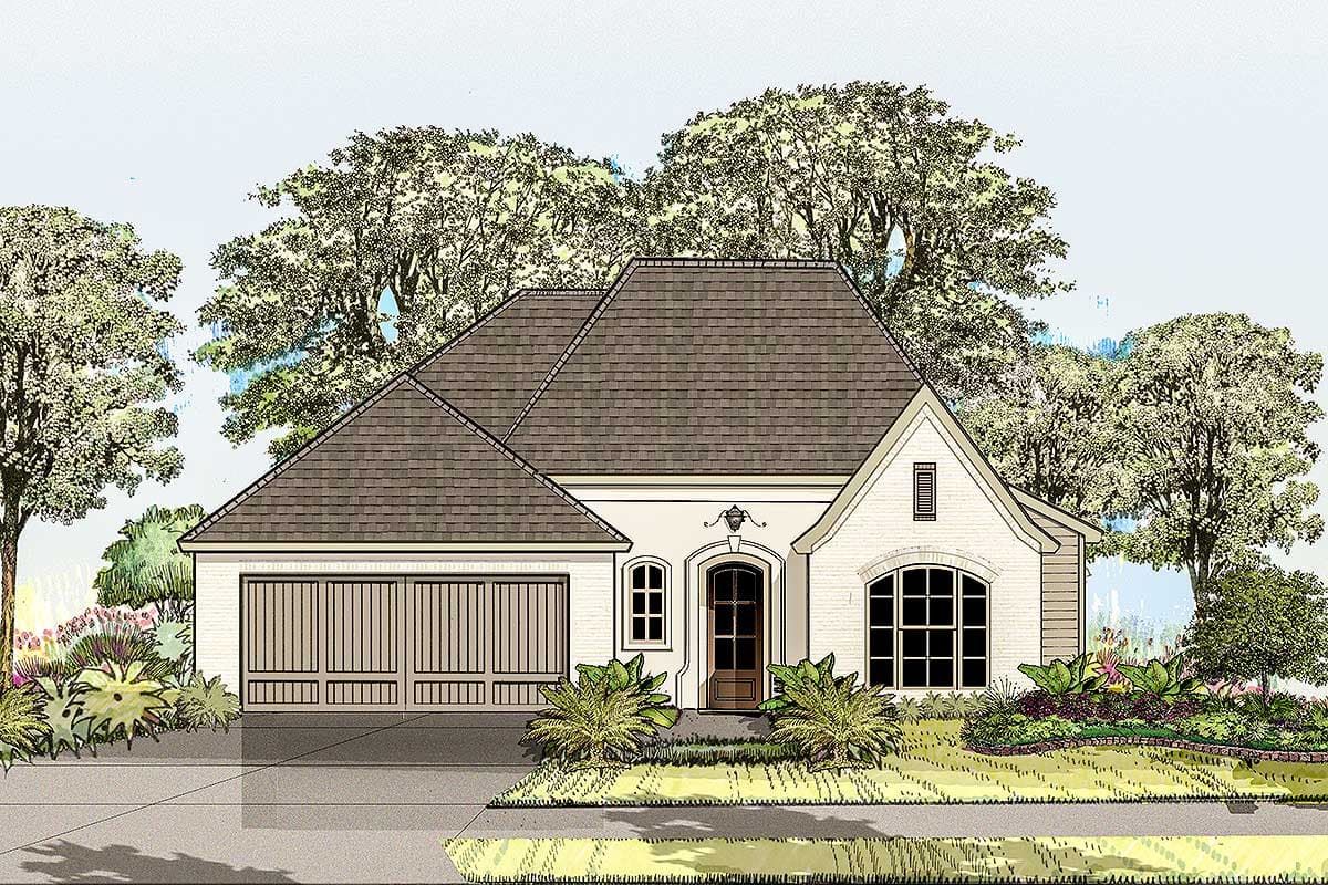 House plan exterior: Single-story home with a side-entry garage, arched entry door, and arched window.