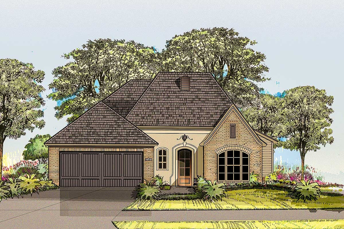 House plan exterior with a brick facade, arched window, covered entry, and attached two-car garage.