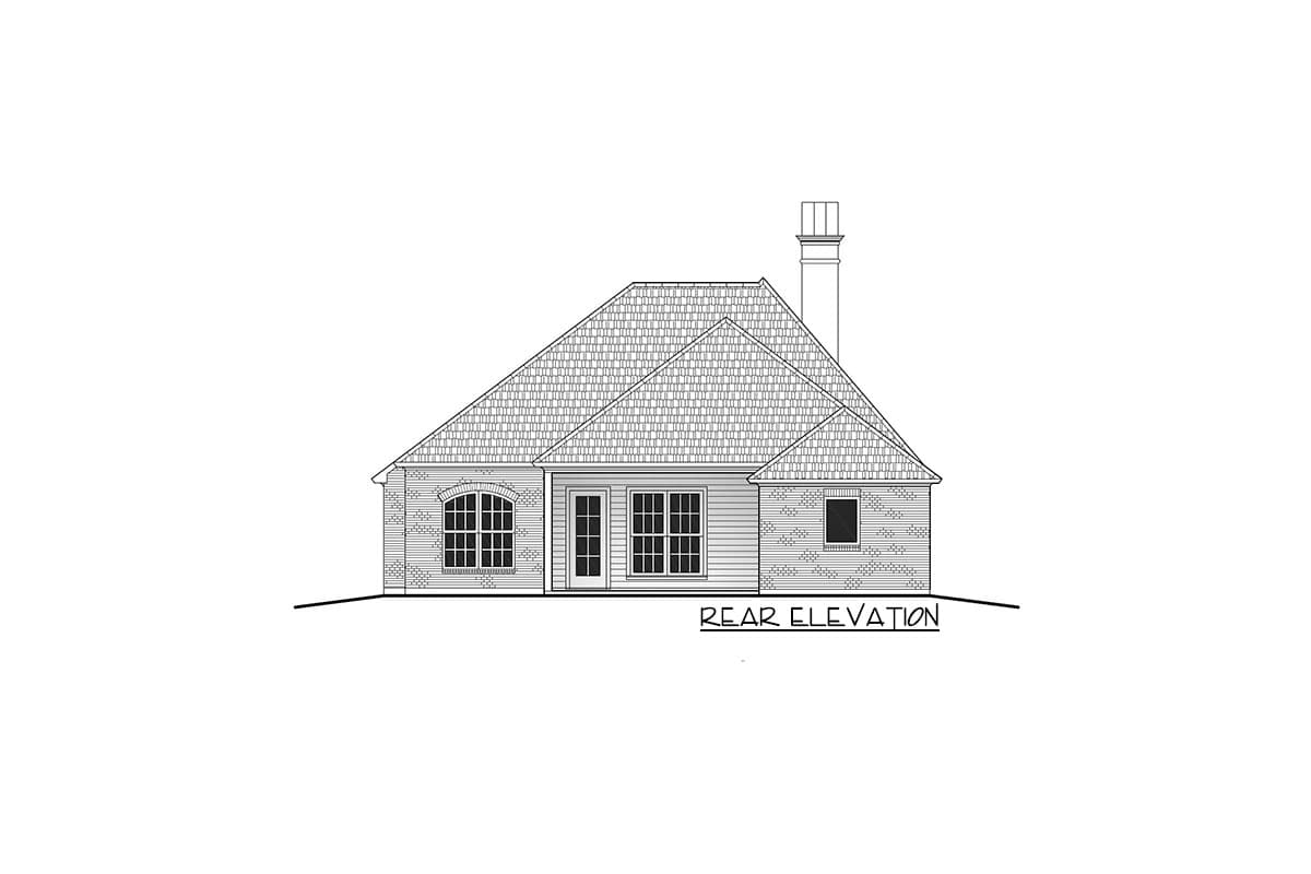 Rear elevation drawing of a house plan featuring a gabled roof, arched window, French doors, and a chimney.