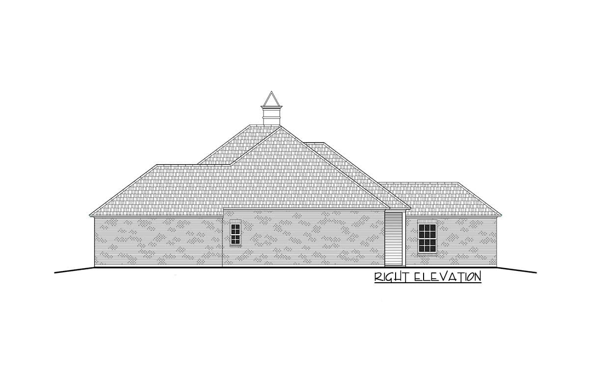House plan right elevation drawing showing hip rooflines, a cupola, and two windows.