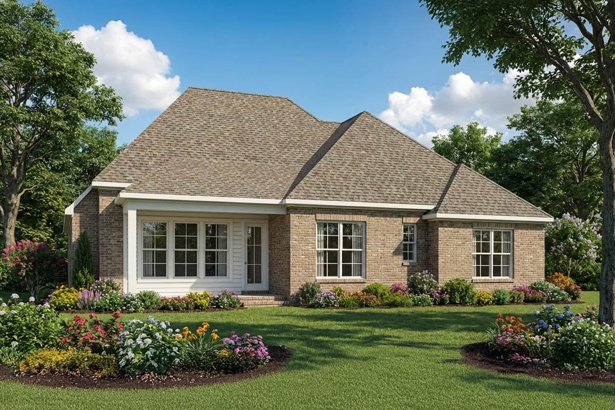 House plan exterior: Brick house with a prominent gable roof, multiple windows, and a covered entrance.