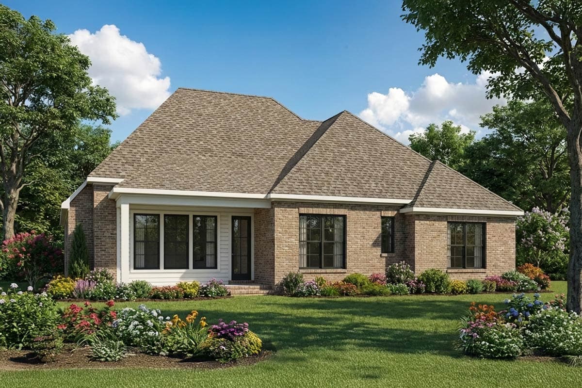 House plan exterior of a one-story brick home with multiple gables, a covered porch, and a simple roofline.