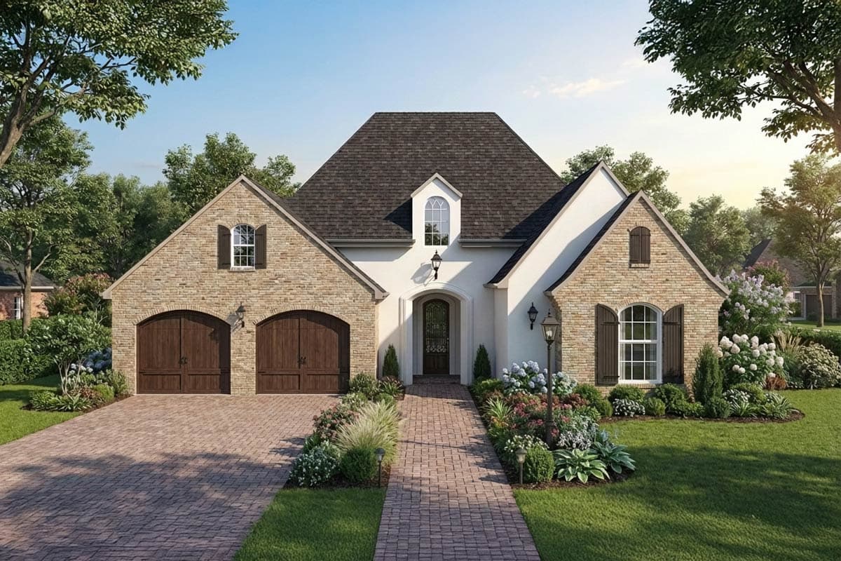 House plan exterior: Two-story, brick and stucco, with arched garage doors, gabled dormer, and arched entryway.