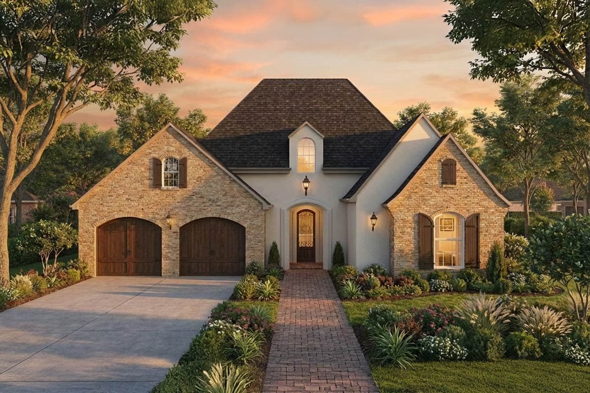House plan exterior: Two-story French Provincial style with stone accents, dual garage doors, arched entry, and gable dormers.