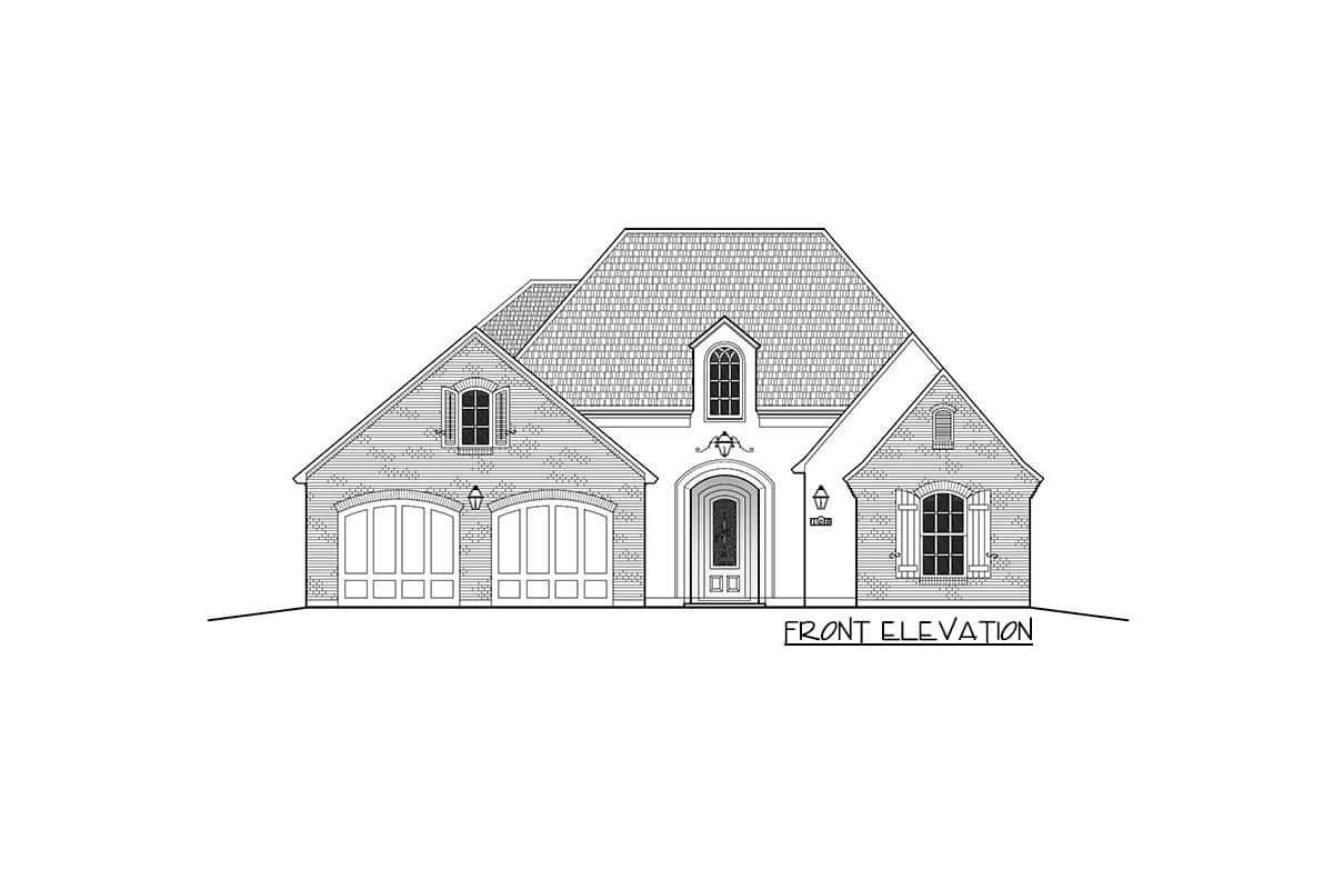 Front elevation of a two-story house plan with a prominent arched entryway, dormer, and a three-car garage.