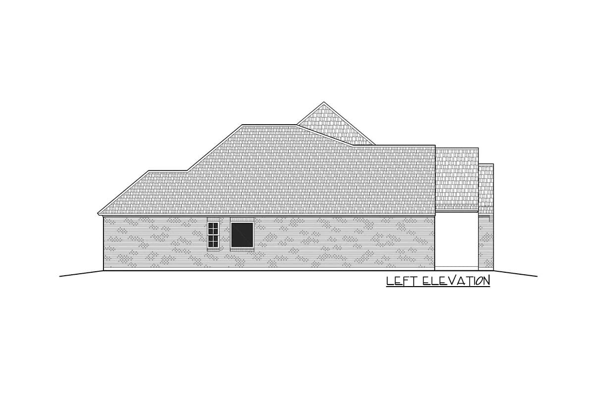 Left elevation drawing of a house plan featuring a hip roof, gables, and brick exterior with two windows and an attached garage.