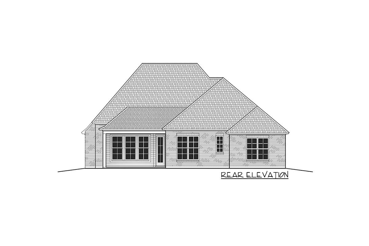 Rear elevation drawing of a single-story house plan with multiple gables and varied window arrangements.