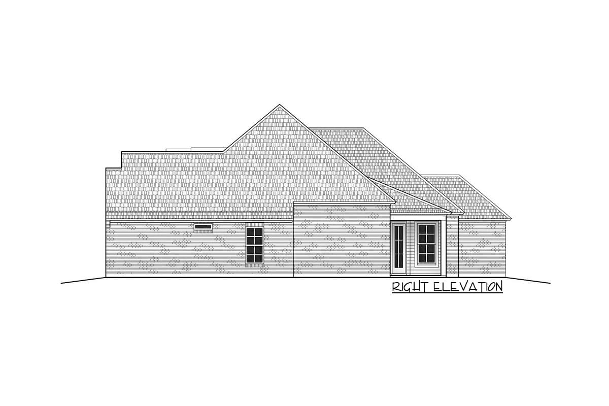 Right elevation of a house plan showing brick exterior, gabled rooflines, dormer, and two windows.
