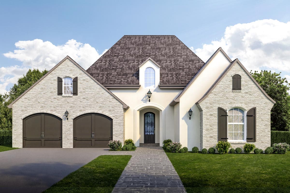 House plan exterior: Two-story home with stone accents, arched garages, prominent gables, and a central arched entry.