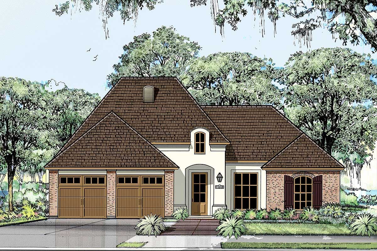 House plan exterior. One-story design with a hip roof, arched entry, and two-car garage. Features include dormers and brick accents.