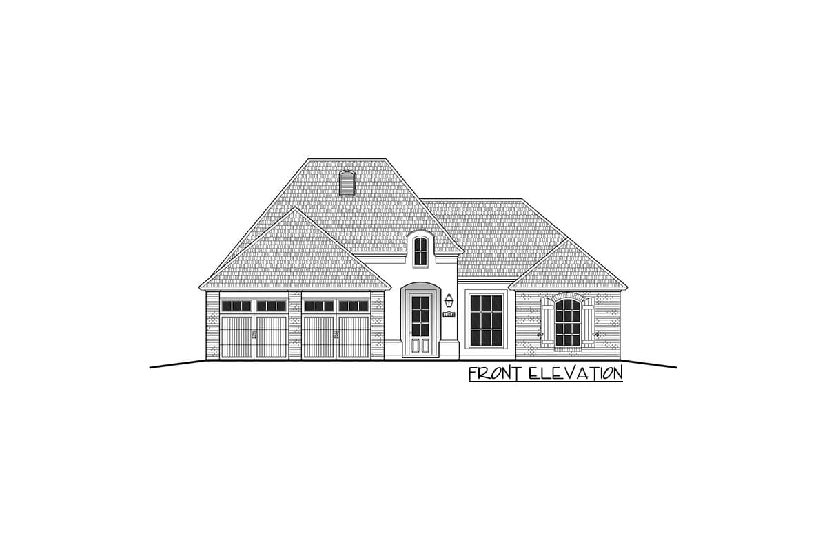 Front elevation drawing of a one-story house with three-car garage, arched windows, and mansard roof.