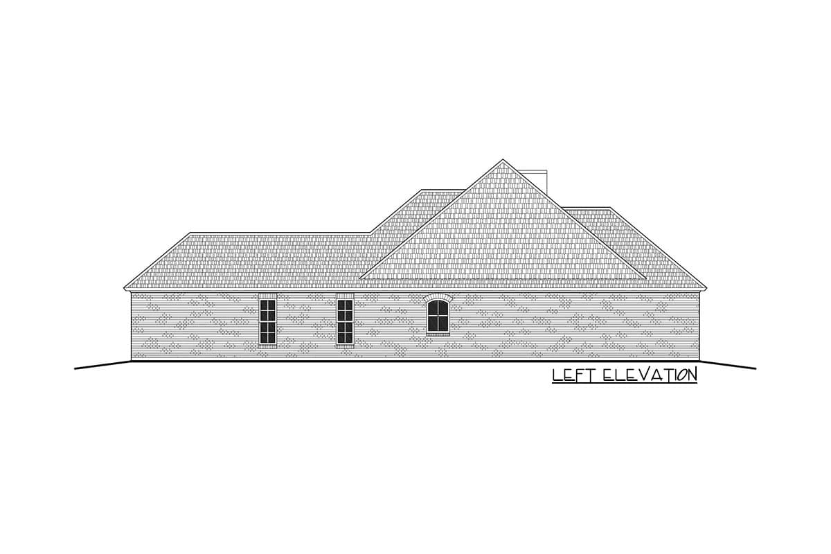 Left elevation drawing of a single-story house plan with a hip roof, gabled dormer, and brick siding.