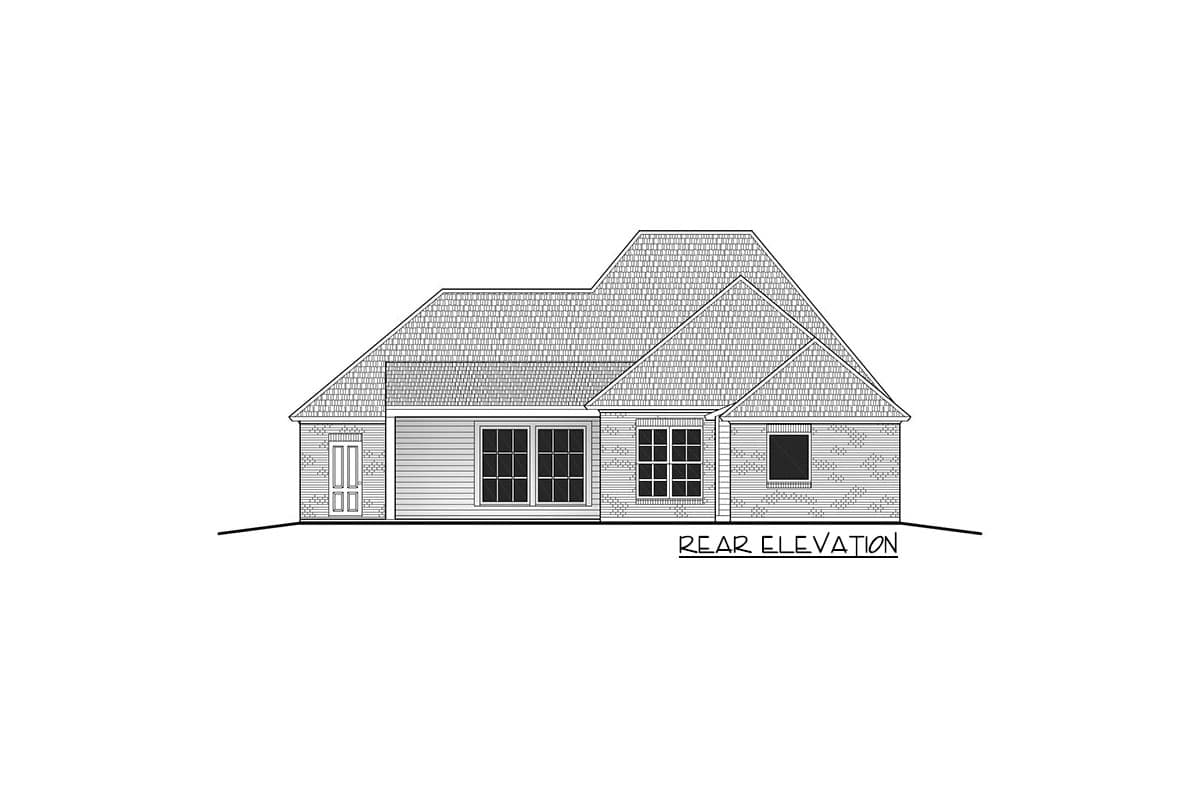 Rear elevation house plan shows a single-story home with multiple gables, a brick facade, and large windows.