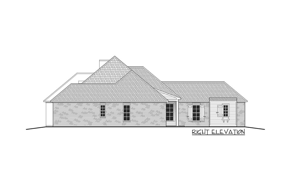 Right elevation house plan: one story, brick exterior, hip and gable rooflines, multiple windows, and a covered entryway.
