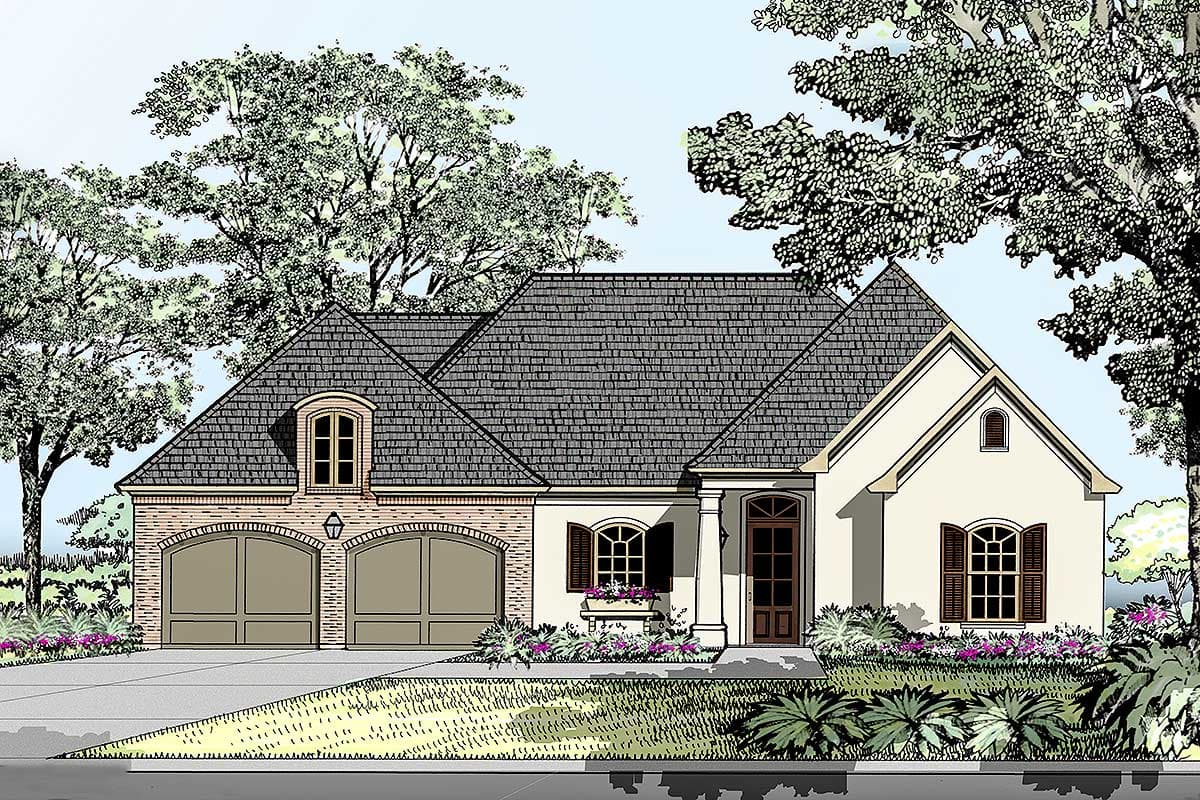 House plan exterior featuring a one-story, French Provincial style home with a brick garage, multiple gables, and dormers.