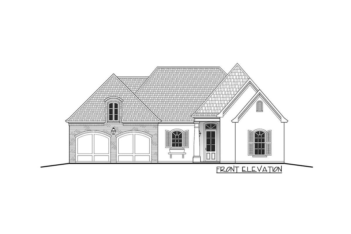 Front elevation drawing of a house plan featuring a steeply pitched roof, dormer window, and a two-car garage with arched doors.