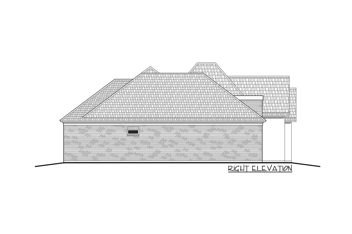 Right elevation house plan showing a multi-gabled roofline and brick exterior with a small vent.