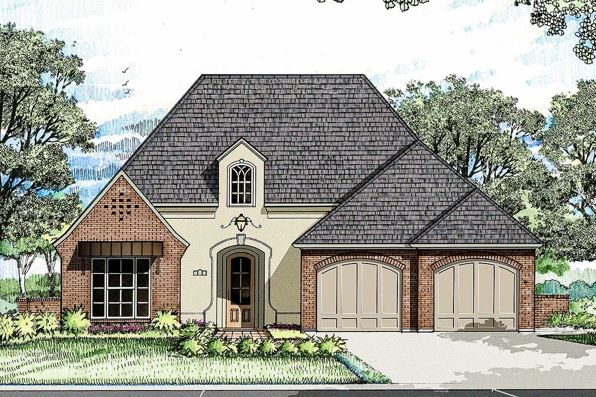 House plan exterior. Features include a brick facade, dormer, arched garage doors, and a steeply pitched roof. One story home.