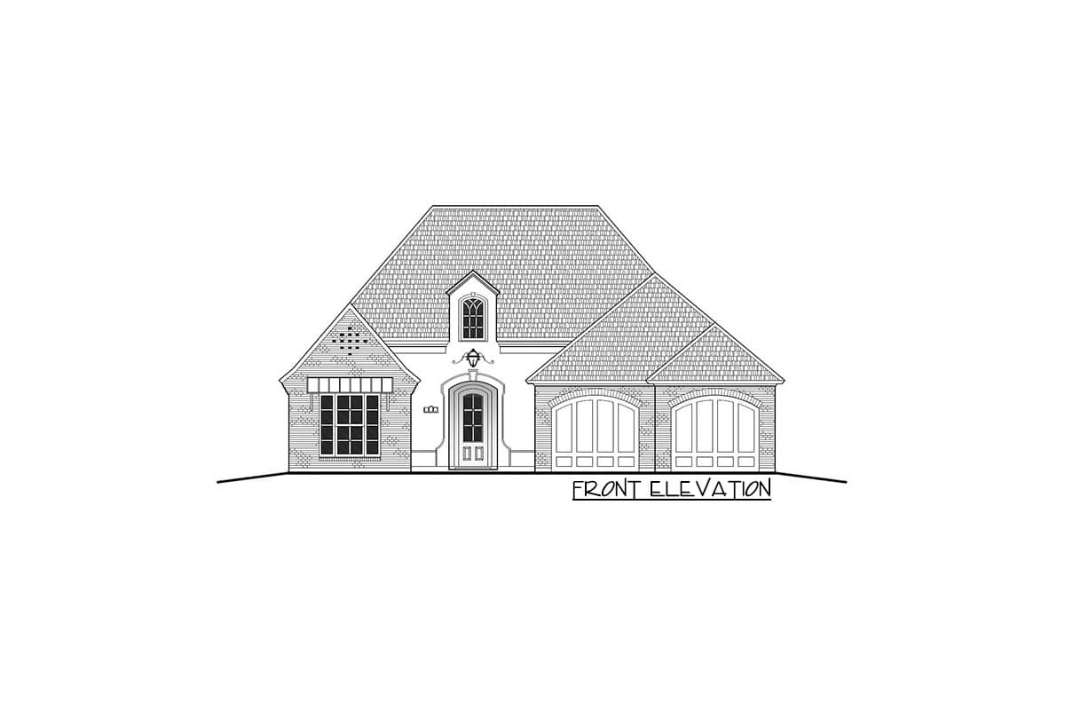Front elevation drawing of a one-story house plan with a dormer, arched garage doors, and brick facade.