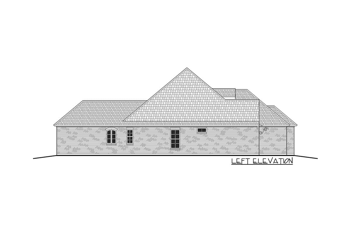 Left elevation drawing of a house plan with a hipped roof, gabled dormers, and brick exterior.