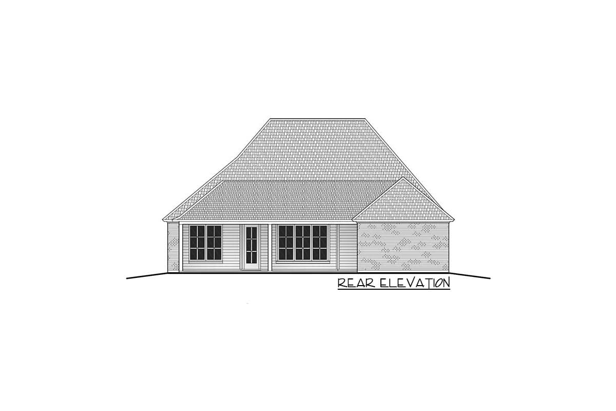 Rear elevation drawing of a one-story house with a prominent hip roof, multiple windows, and brick accents.