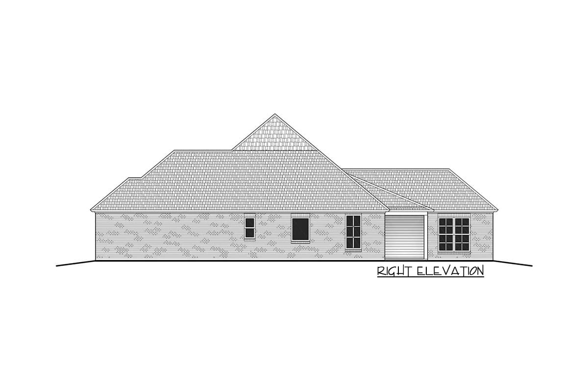 Right elevation house plan drawing featuring varied rooflines, brick siding, a garage door, and multiple windows.